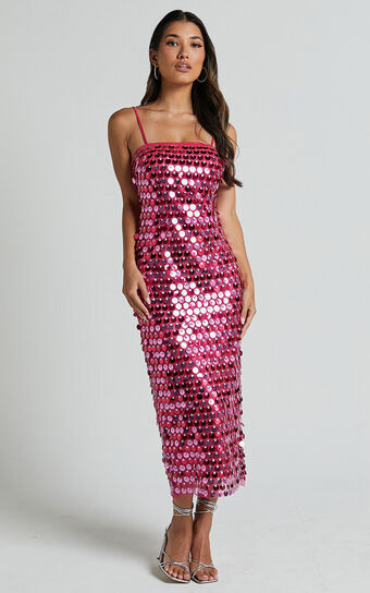 Amarie Midi Dress - Circle Sequin Dress in Pink