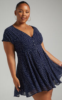 Hey Now Mini Dress - A line Dress in Navy Spot