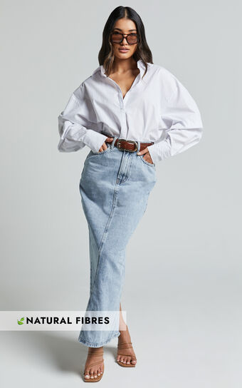 Bailee Midi Skirt - Denim Column Back Split Skirt in Light Blue Wash