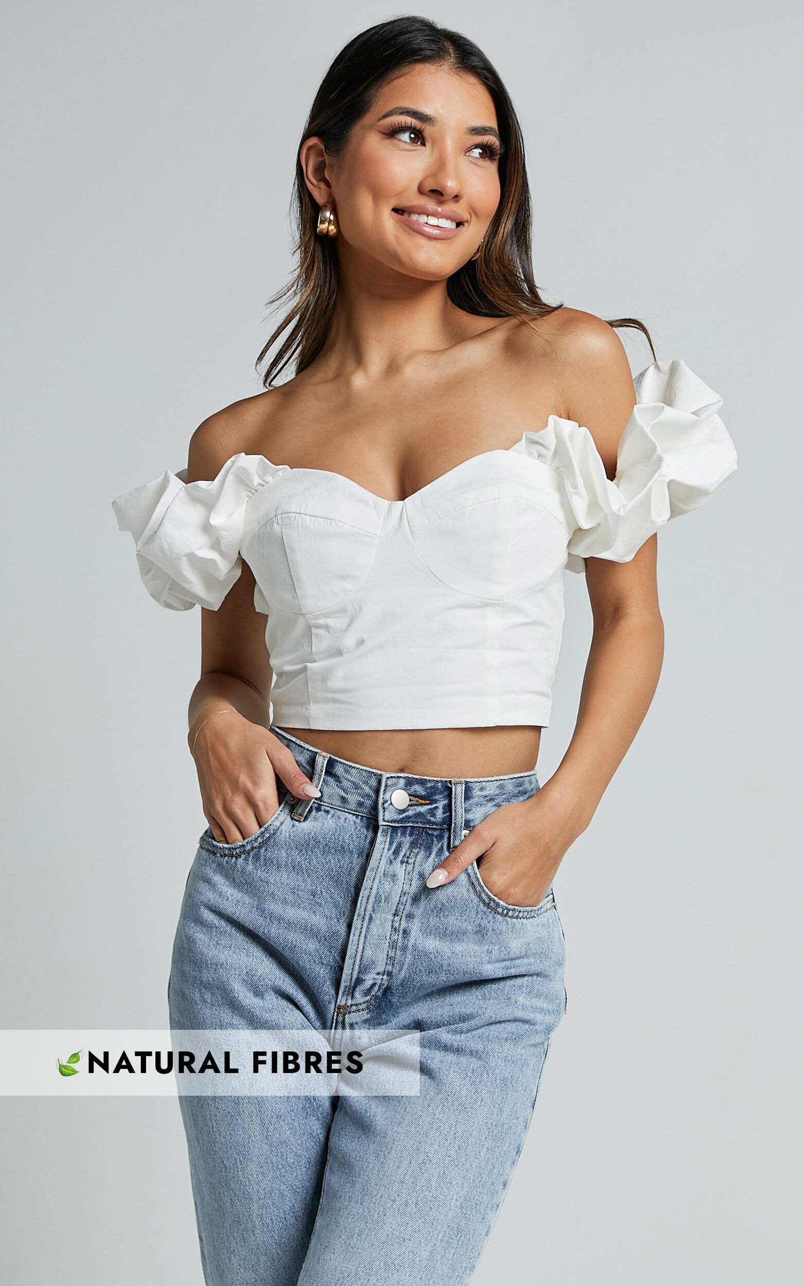 Moirah Top Off Shoulder Sleeve Sweetheart Cropped Bustier in White