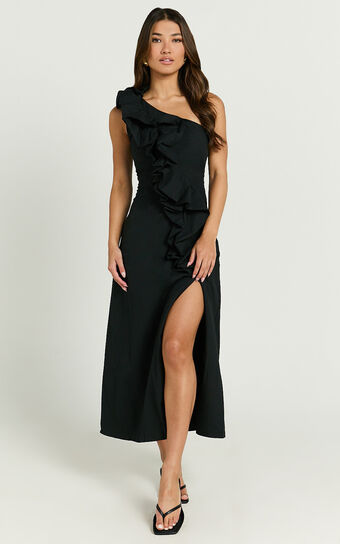 Rita Midi Dress - One Shoulder Ruffle Detail Dress in Black