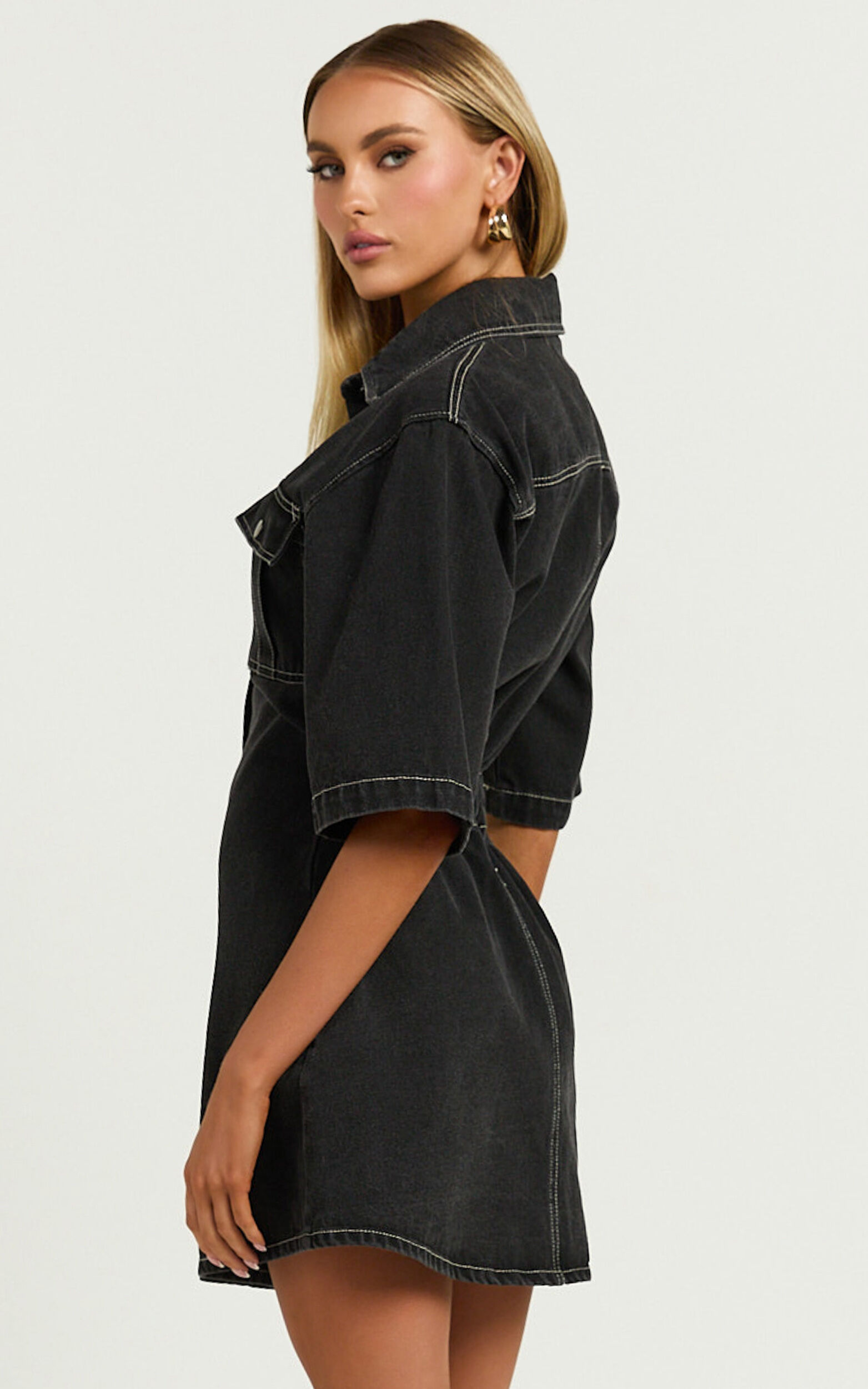 Leilani Mini Dress - Denim Short Sleeve Button Up Dress in Washed Black ...