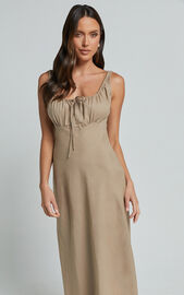 Lucas Midi Dress - Ruched Bust Linen Look Dress in Tobacco | Showpo