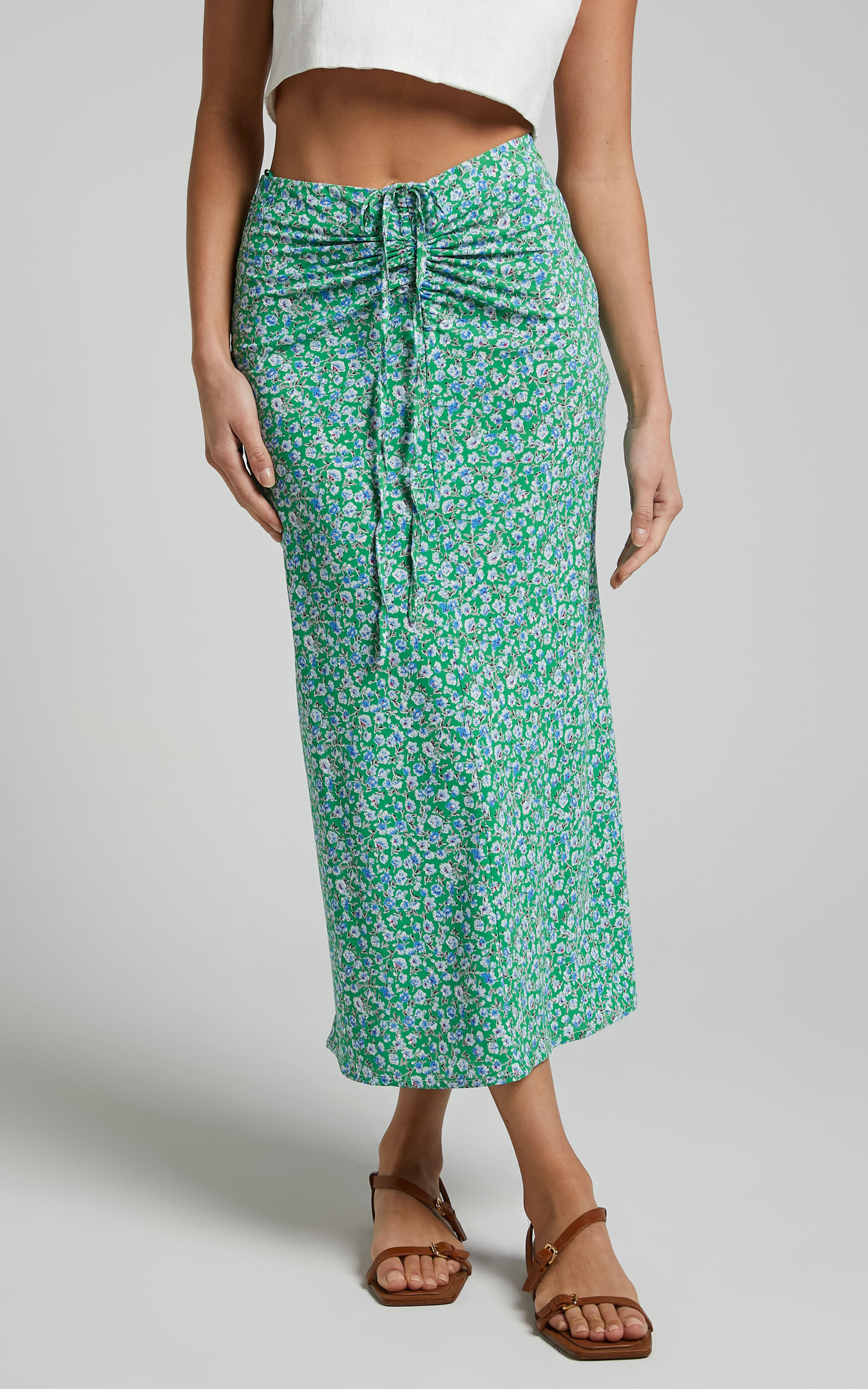 Green ruched midi skirt clearance
