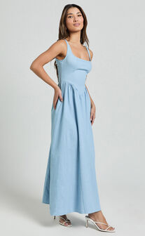 Rhaziya Midi Dress - Sleeveless Straight Neck Fit and Flare Dress in Blue