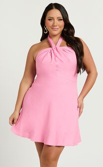 Louie Mini Dress - Linen Halter Neck Dress in Candy Pink