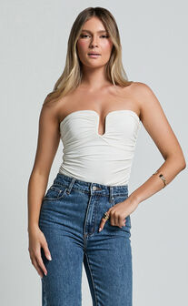 Petra Top - Gathered Cut Out Jersey Top in Off White