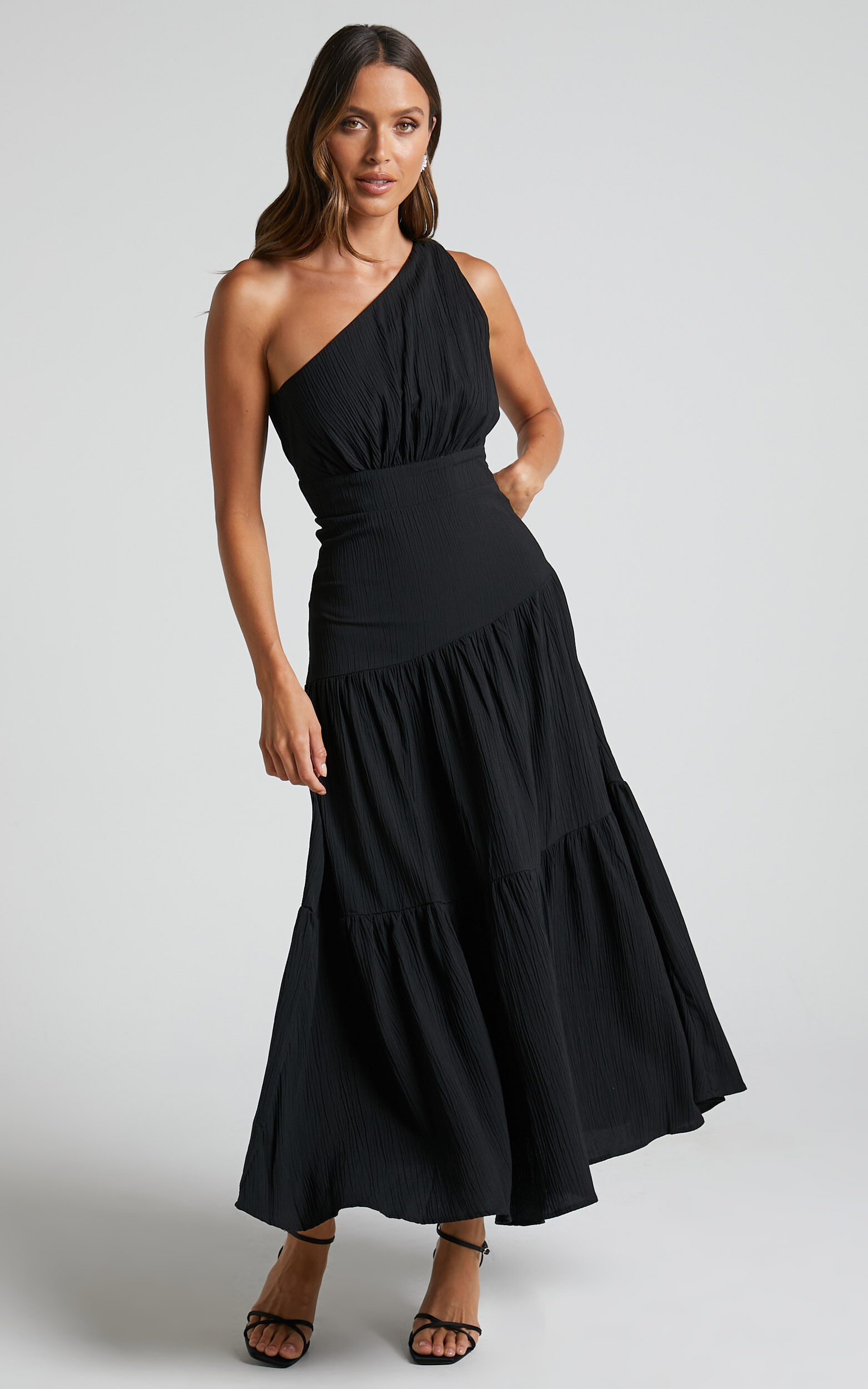 Celestia Midi Dress Tiered One Shoulder Dress in Black