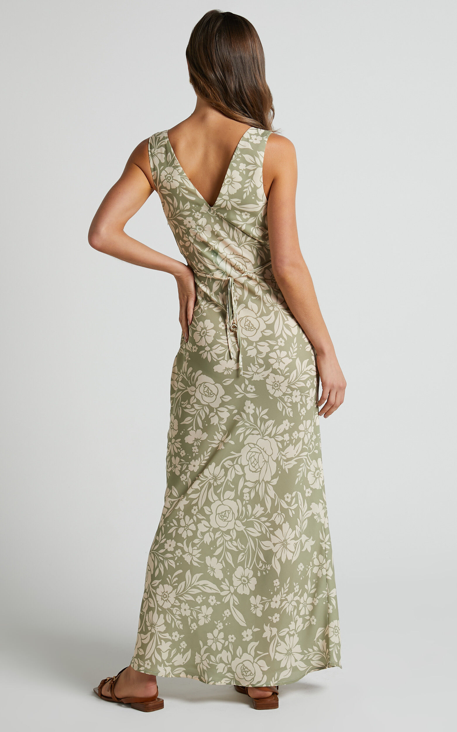 Mauriel Midi Dress Deep V Gathered Bust Slip Dress in Green Floral