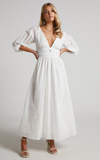 Philippa Midi Dress - Plunge Neck Long Sleeve Broderie Dress in White Broderie Anglaise