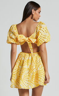 Sophia Mini Dress - Tie Back Puff Sleeve Dress in White and Yellow