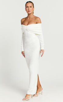 Rani Maxi Dress - Off Shoulder Long Sleeve Bodycon Dress in Off White