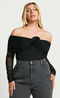 Seraphina Bodysuit - Off Shoulder Long Sleeve Detachable Rosette Mesh Bodysuit in Black