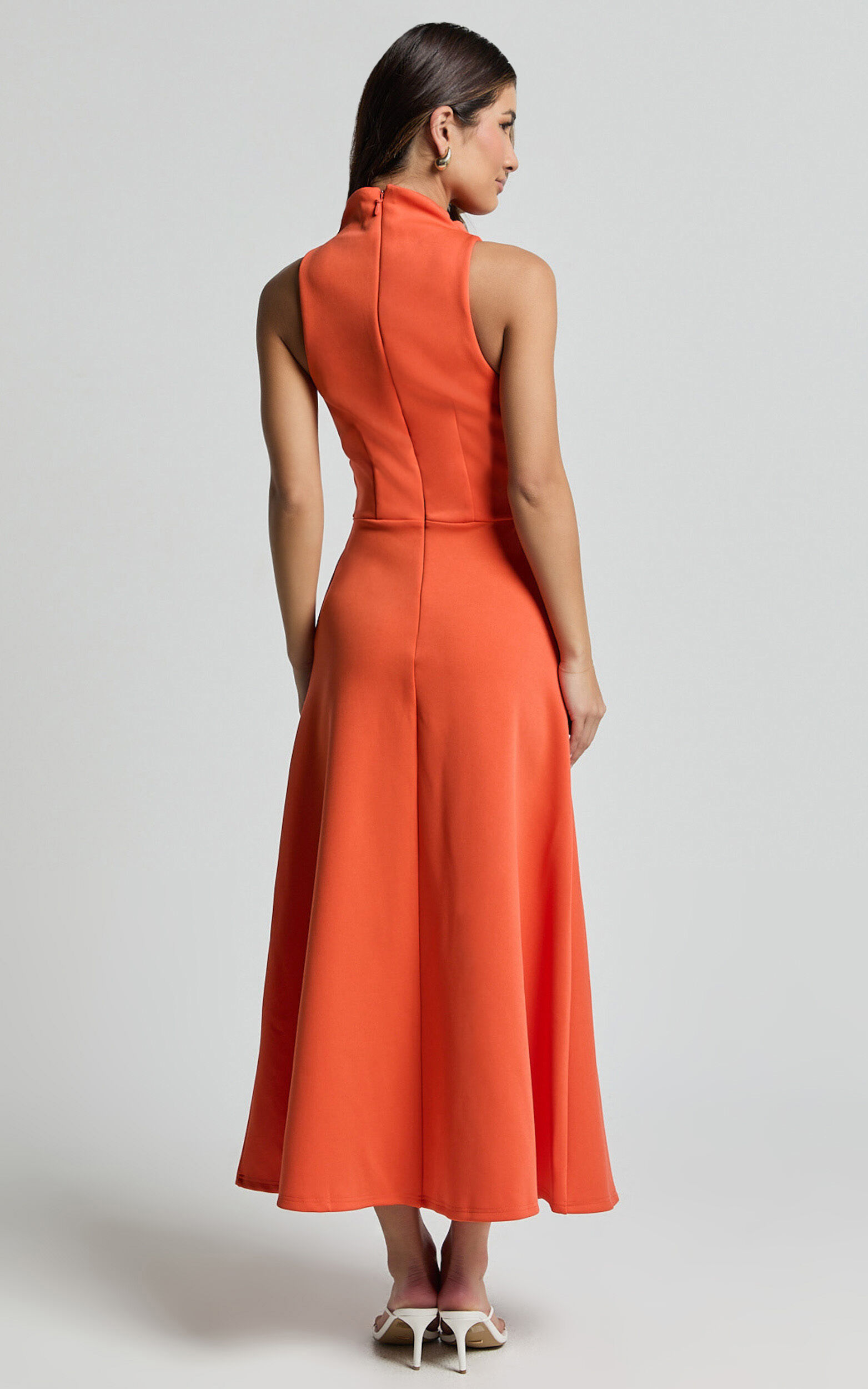 Macy Midi Dress High Neck A Line Dress in Orange Showpo EU