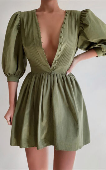Zandra Mini Dress - Puff Sleeve Poplin Dress in Khaki