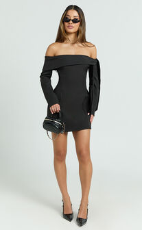 Eljay Mini Dress - Long Sleeve Off Shoulder Knot Detail Dress in Black