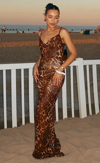 Hilary Maxi Dress - Sheer Cowl Neck Slip Dress in Leopard