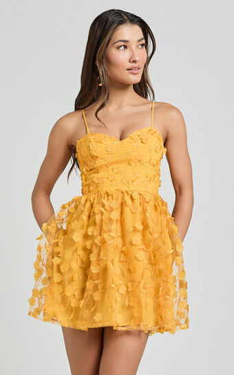 Prague Mini Dress - Strappy Embroidered Tulle Bustier Dress in Marigold