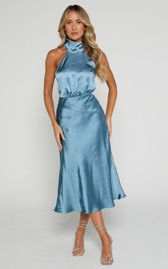 Ebony Midi Dress - High Neck Gathered Bodice Dress in Steel Blue Showpo