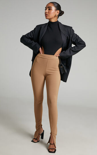 Aspen Pants - High Waisted Split Hem Jersey Pants in Camel