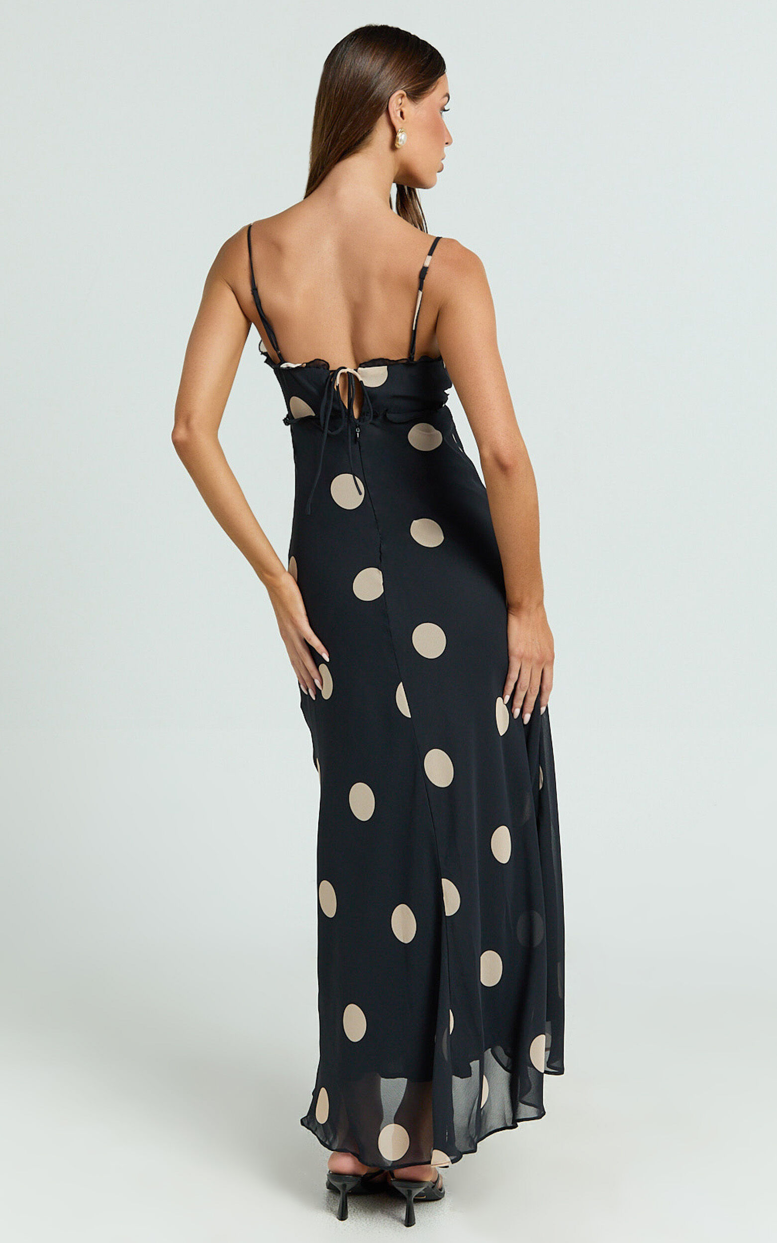 Analy Midi Dress - V Neck Mesh Dress in Black Polkadot