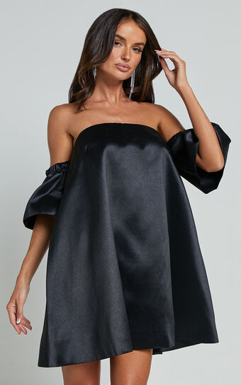 Rhaella Mini Dress - Off Shoulder Puff Sleeve Structured Mini Dress in Black