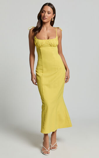 Karina Midi Dress - Ruched Bust Tie Shoulder Fit and Flare Dress in Lemon