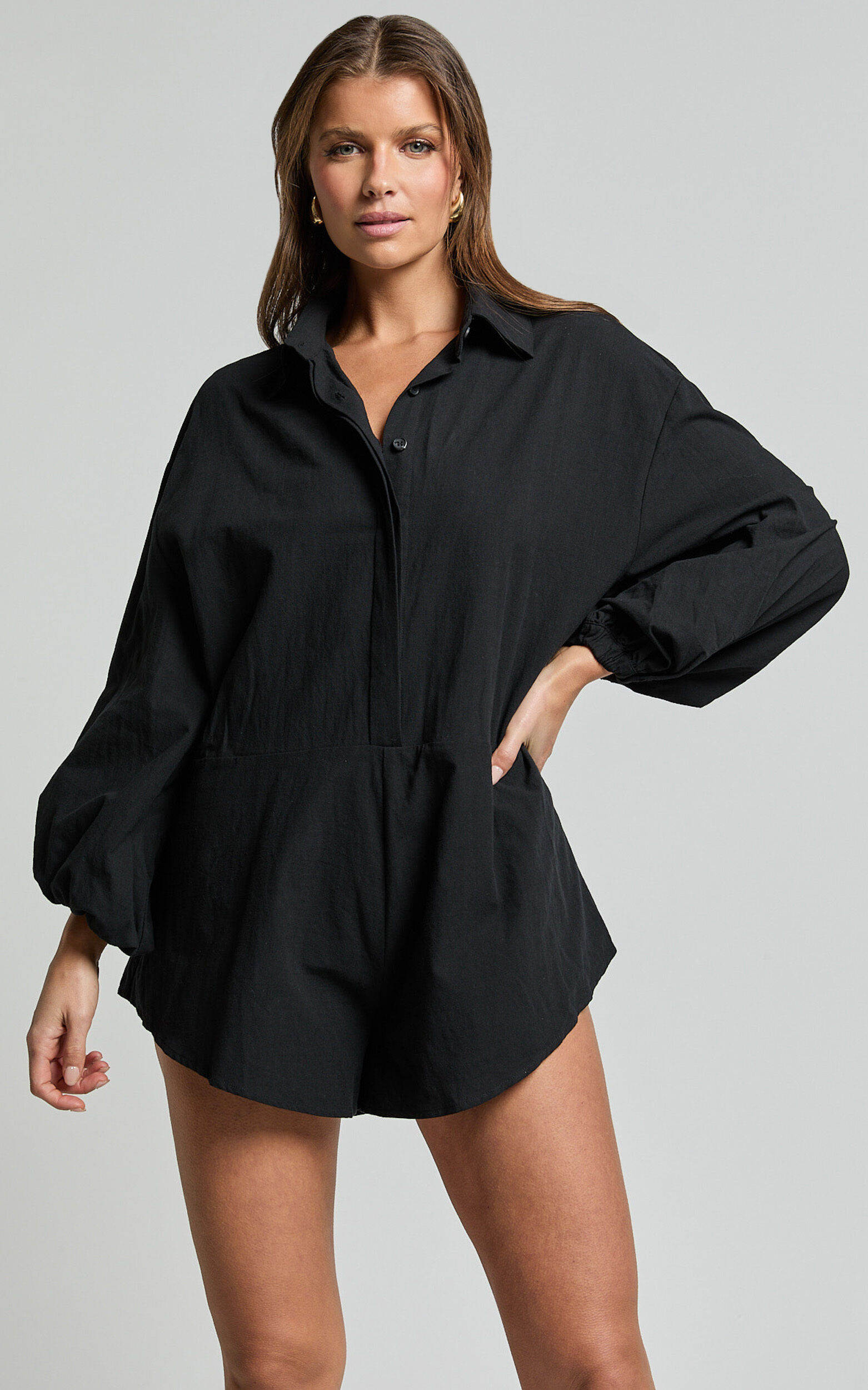 Anka Playsuit Relaxed Button Front Shirt Playsuit in Black Showpo USA