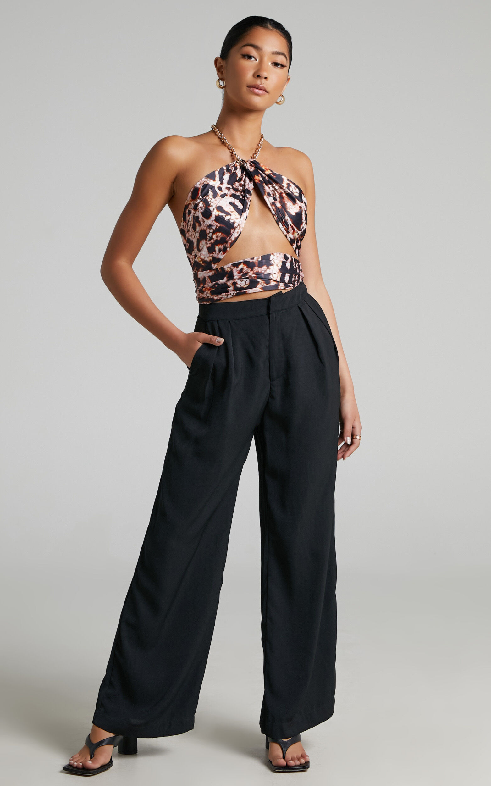 Nicola Top - Chain Neck Scarf Halter Top in Leopard | Showpo USA