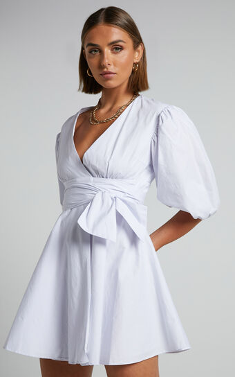 Zyla Mini Dress - Puff Sleeve Wrap Dress in White