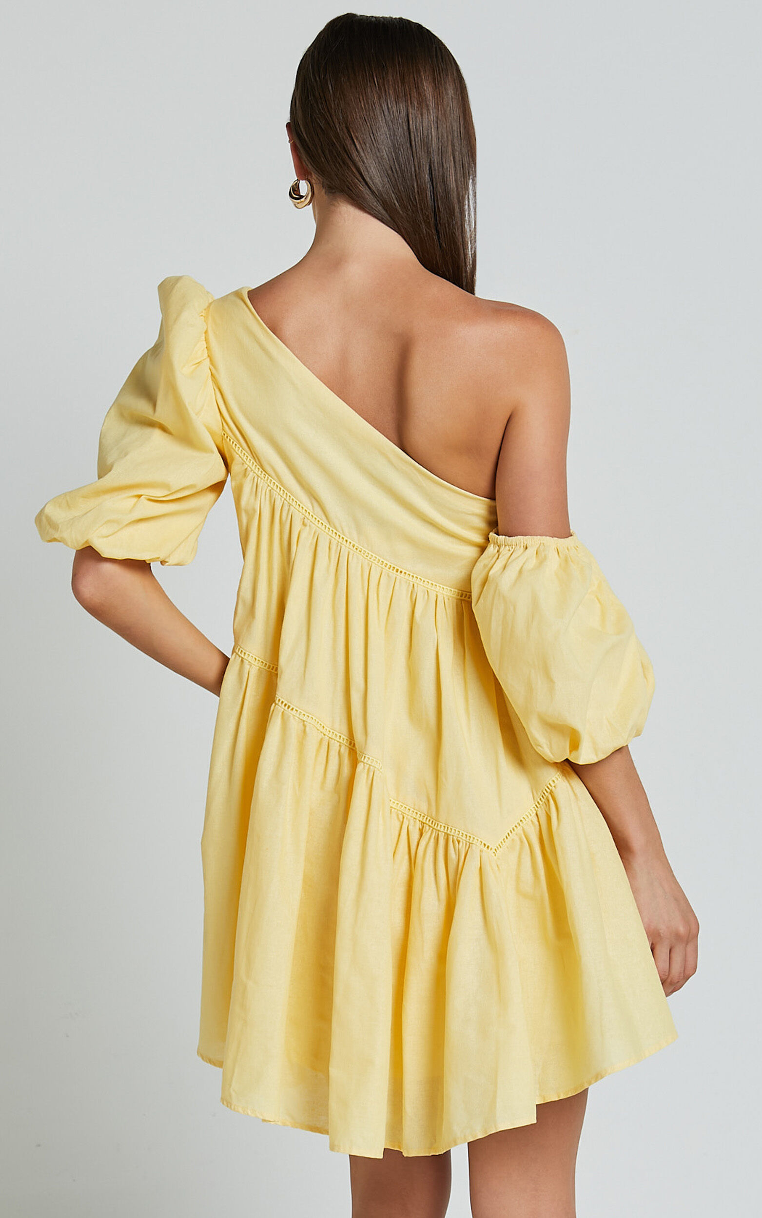 Harleen Mini Dress - Linen Look Asymmetrical Trim Puff Sleeve Dress in ...