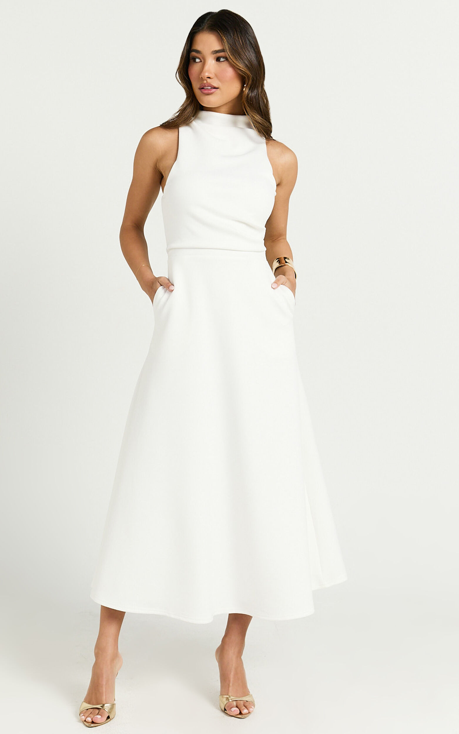 Macy Midi Dress High Neck A Line Dress in Off White Showpo