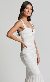 Kody Midi Dress - Bodycon Ruched Mesh Cut Out Dress in White