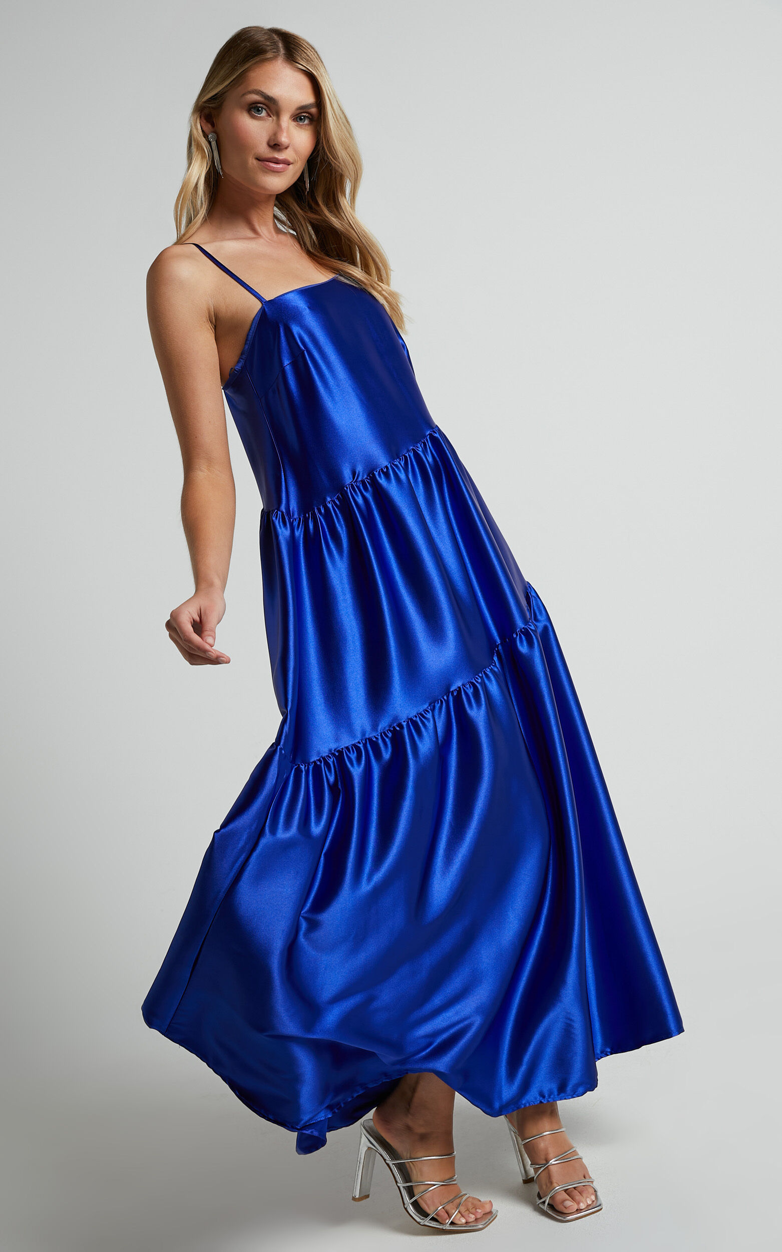 Kamari Midi Dress Asymmetrical A Line Tiered Dress in Cobalt