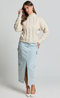 Santi Jumper - Oversized Recycled Knitted High Neck Jumper in Beige Marl