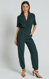 Coco Jumpsuit - Collared Short Sleeve Straight Leg Jumpsuit in Forest Green
