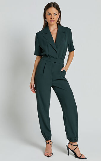 Coco Jumpsuit - Collared Short Sleeve Straight Leg Jumpsuit in Forest Green Showpo