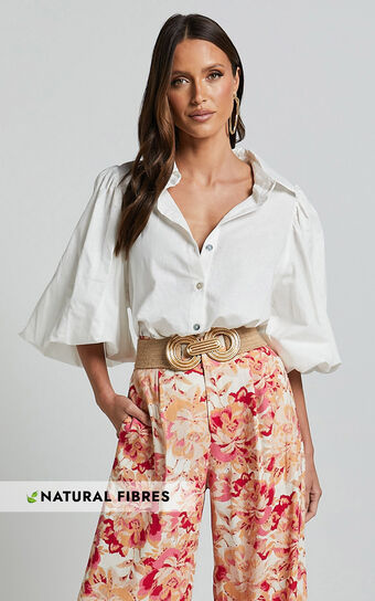 Amalie The Label Janae Linen Blend Collared Puff Sleeve Button Up Shirt in