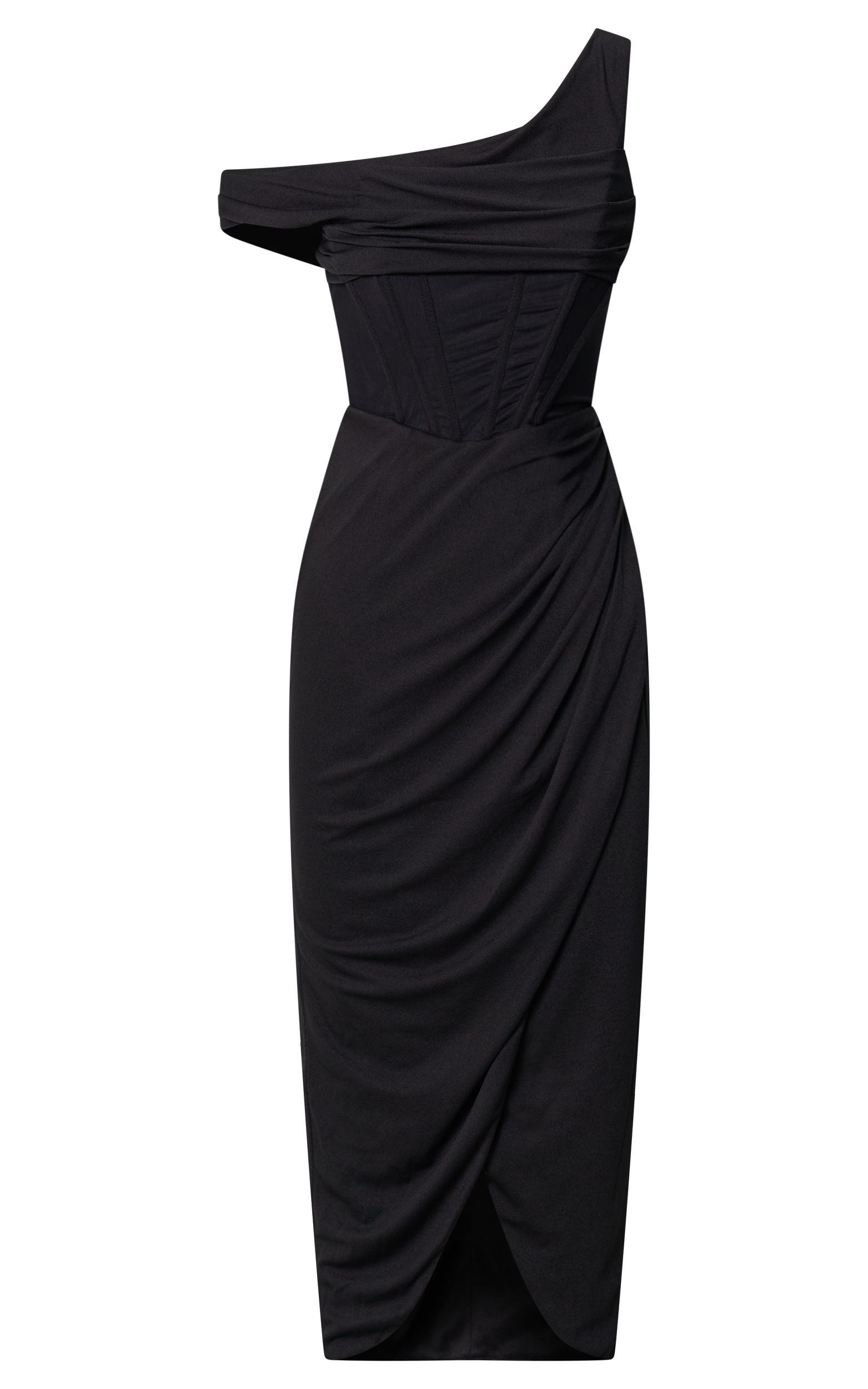 パーティードレス One Shoulder Black Satin Draped Corset Dress 204933773-2