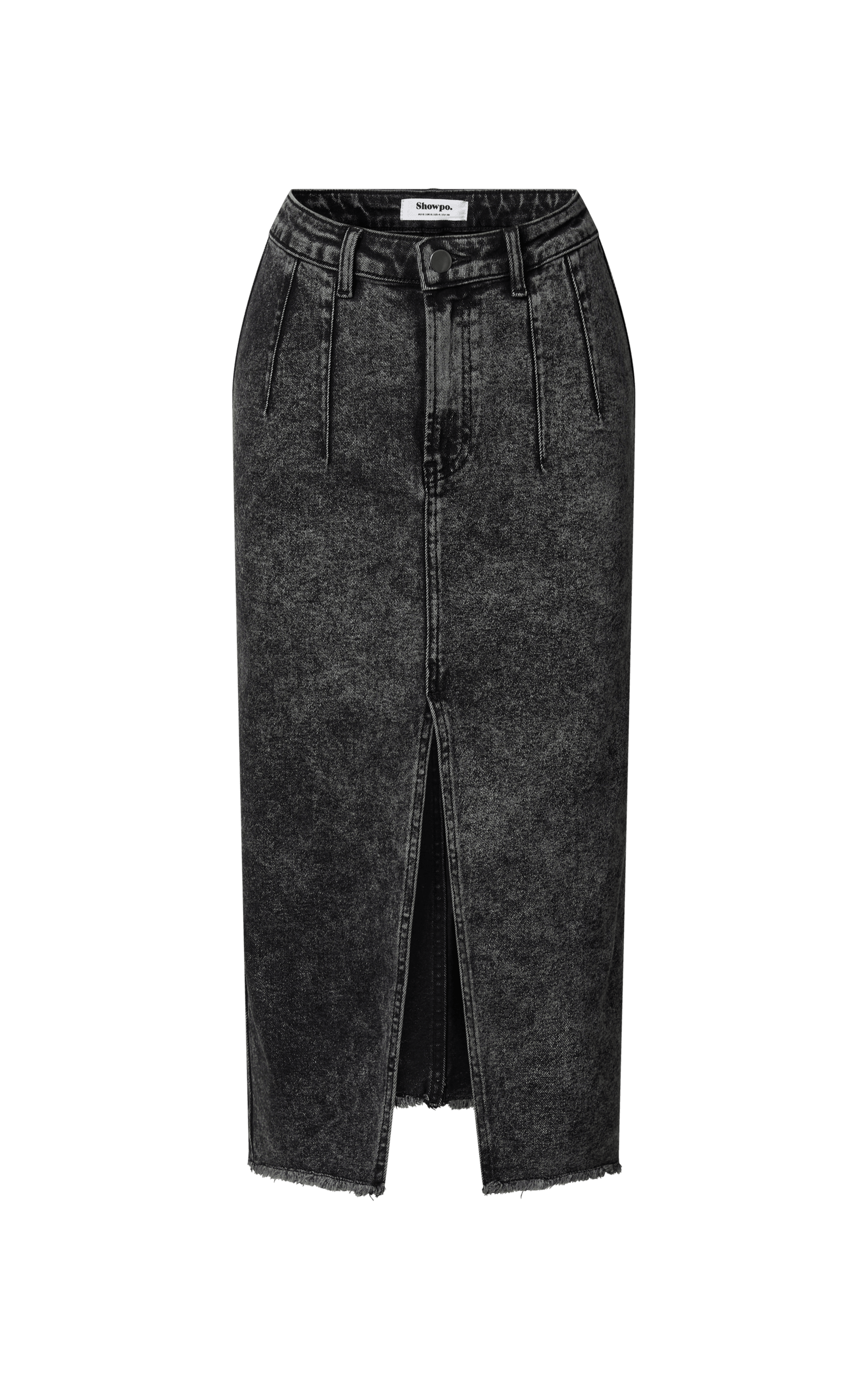 Janeve Midi Skirt - Front Split Denim Skirt in Black Acid Wash | Showpo