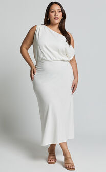 Jacqueline Midi Dress - Linen Look One Shoulder Dress in White