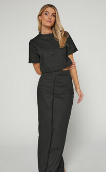 Tisdale Two Piece Set - Linen Look Scoop Neck Short Sleeve Cropped Top and Maxi Skirt in Black