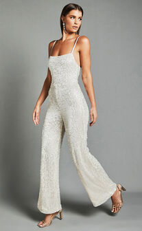 Carlie Jumpsuit - Straight Neck Strappy Sequin in Champagne