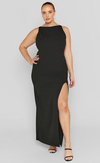 Indi Maxi Dress - Boat Neck Bodycon Dress in Black