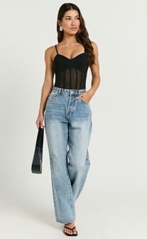 Cheryth Bodysuit - V Neck Strappy Sheer Corset Bodysuit in Black