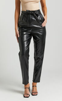 Layton Pants - Paper Bag Waist Faux Leather Pants in Black