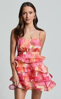 Jackie Mini Dress - Strappy Layered A Line Dress in Pink and Yellow Print
