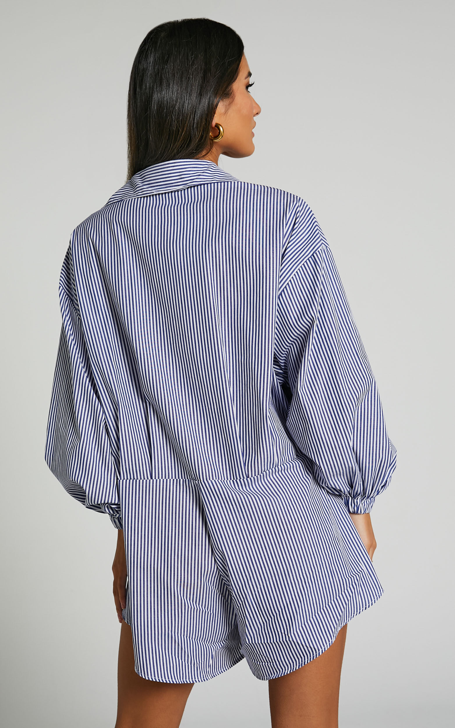 Anka Playsuit Relaxed Button Front Shirt Playsuit in Navy Stripe Showpo