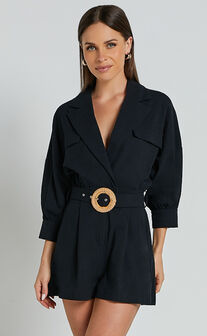 Deacon Playsuit - Collared 3/4 Sleeve Belted Playsuit in Black