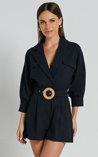 Deacon Playsuit - Collared 3/4 Sleeve Belted Playsuit in Black Showpo